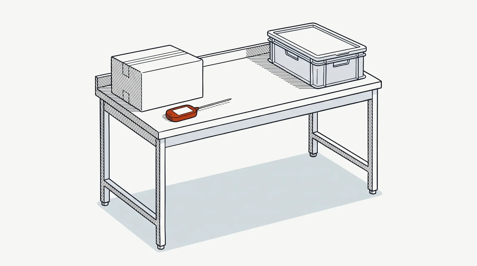 Lámina técnica: mesa de recepción de acero con una caja de cartón cerrada, una caja de plástico alimentario con tapa y, entre ellas, una sonda de temperatura con la pantalla en blanco.