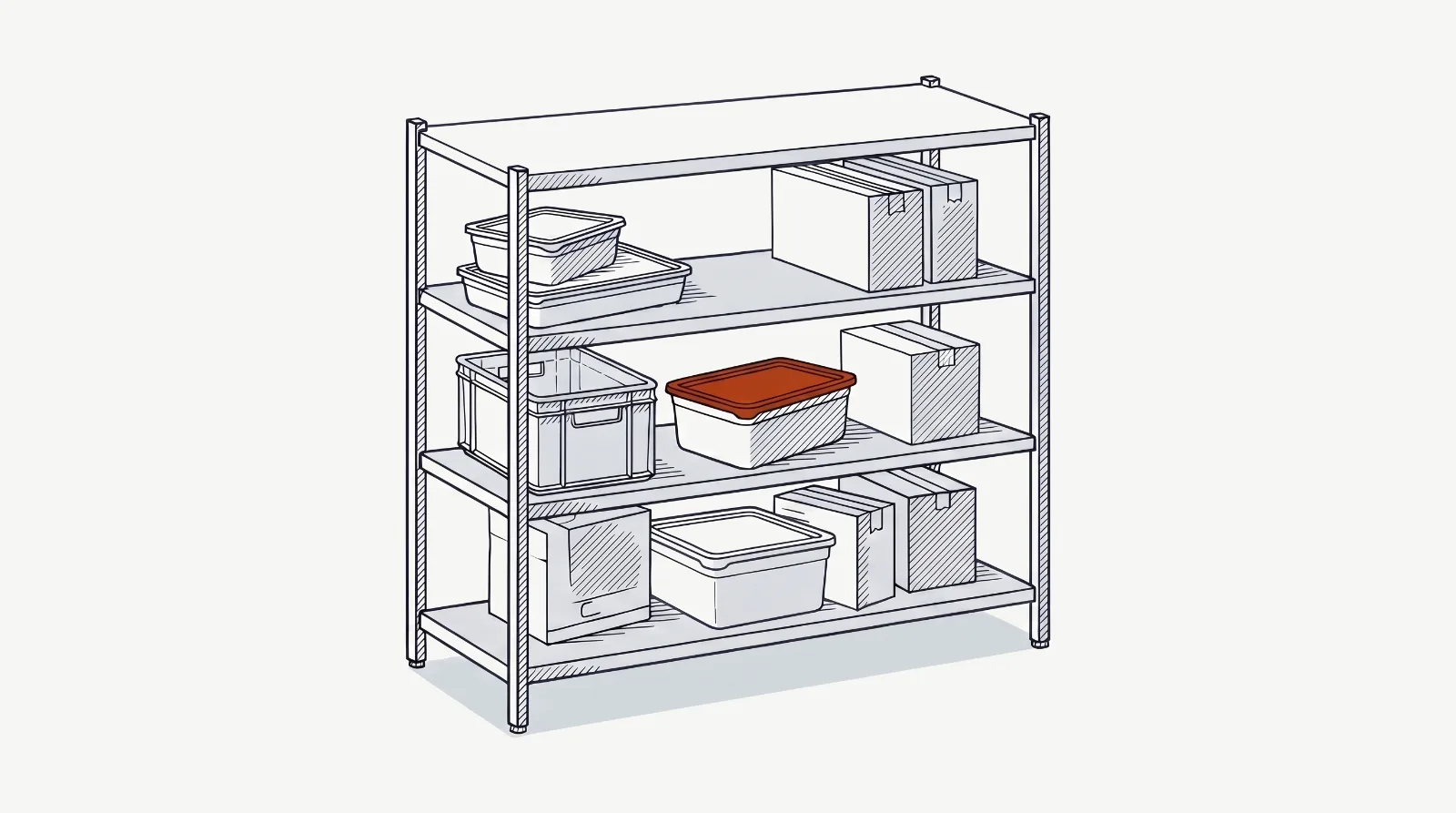 Lámina técnica: estantería de almacén seco con recipientes tapados, cajas de cartón cerradas y una caja de plástico, con espacio entre ellos; la tapa del recipiente de delante, en naranja.