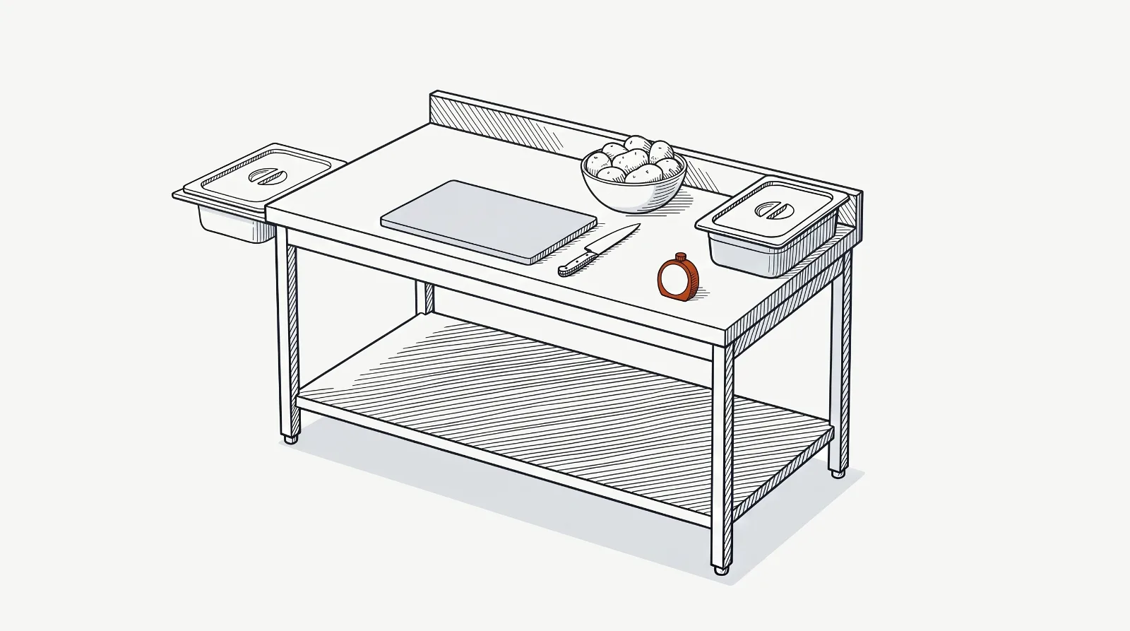Lámina técnica: mesa de preparación de acero con una tabla de corte de un solo color, un cuchillo, un cuenco de papas enteras, dos recipientes gastronorm tapados y un temporizador de cocina con la esfera en blanco.
