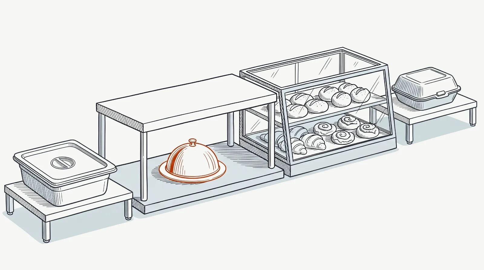 Lámina técnica: el pase de una cocina con un plato cubierto por una campana, una vitrina cerrada con pan y bollería, un gastronorm tapado a la izquierda y un envase para llevar cerrado a la derecha.