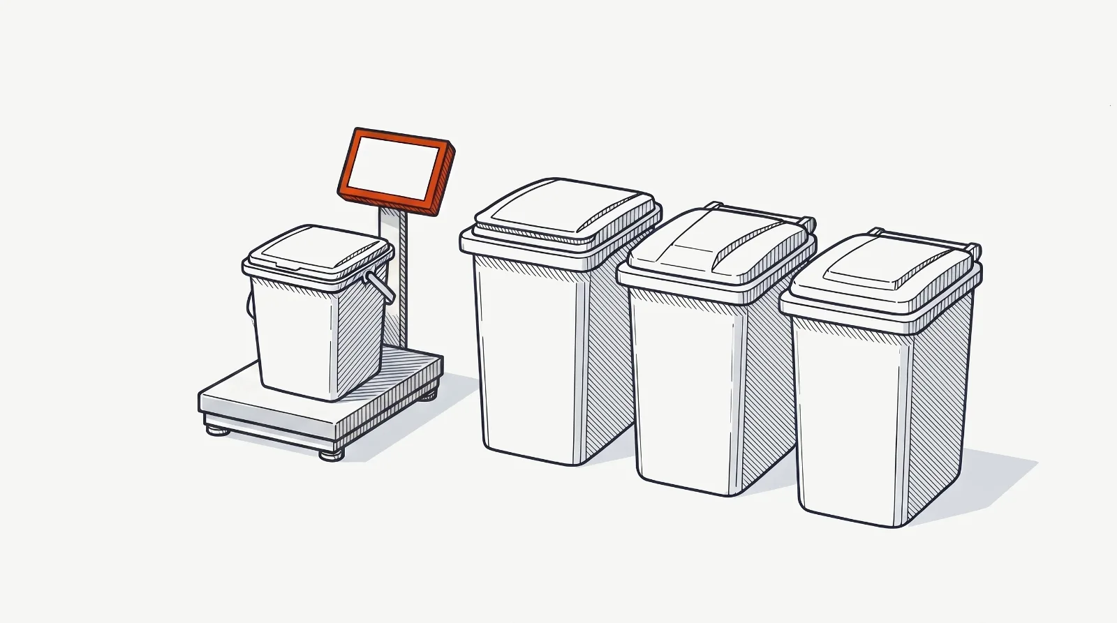 Lámina técnica: tres cubos de residuos con tapa, sin símbolos ni colores de código, y una báscula de suelo con la pantalla en blanco que pesa un cubo pequeño de restos.