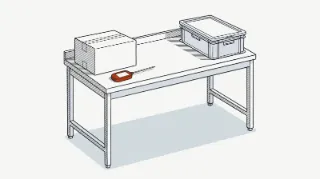 Lámina técnica: mesa de recepción de acero con una caja de cartón cerrada, una caja de plástico alimentario con tapa y, entre ellas, una sonda de temperatura con la pantalla en blanco.