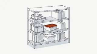 Lámina técnica: estantería de almacén seco con recipientes tapados, cajas de cartón cerradas y una caja de plástico, con espacio entre ellos; la tapa del recipiente de delante, en naranja.
