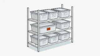Lámina técnica: estantería de cámara con nueve recipientes gastronorm tapados y con aire entre ellos, cada uno con su etiqueta de dos trazos; la etiqueta del de delante, en naranja.