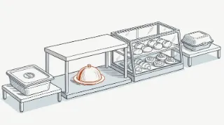 Lámina técnica: el pase de una cocina con un plato cubierto por una campana, una vitrina cerrada con pan y bollería, un gastronorm tapado a la izquierda y un envase para llevar cerrado a la derecha.
