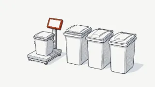 Lámina técnica: tres cubos de residuos con tapa, sin símbolos ni colores de código, y una báscula de suelo con la pantalla en blanco que pesa un cubo pequeño de restos.
