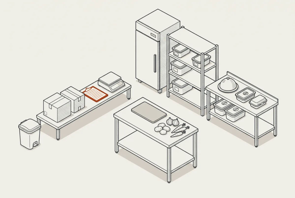 Lámina técnica de una cocina de hostelería: cajas cerradas, una tablilla y una báscula junto a un cubo con tapa; una mesa de acero con papas, cebollas y zanahorias enteras; un frigorífico cerrado y una estantería con recipientes tapados; y un pase con un plato bajo una campana y envases cerrados.